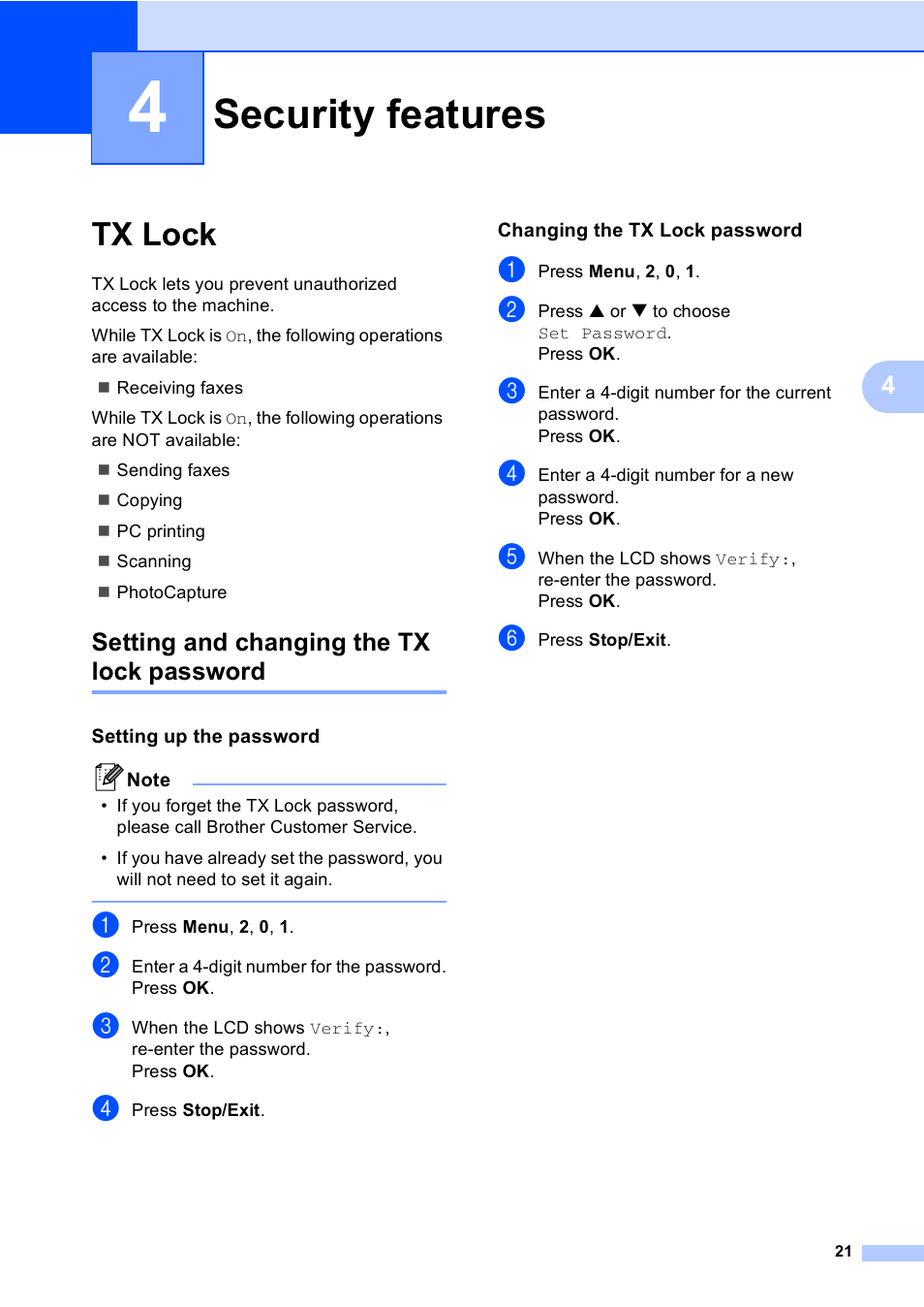 4 security features, Tx lock, Setting and changing the tx lock password | Setting up the password, Changing the tx lock password, Security features | Brother MFC-240C User Manual | Page 36 / 149
