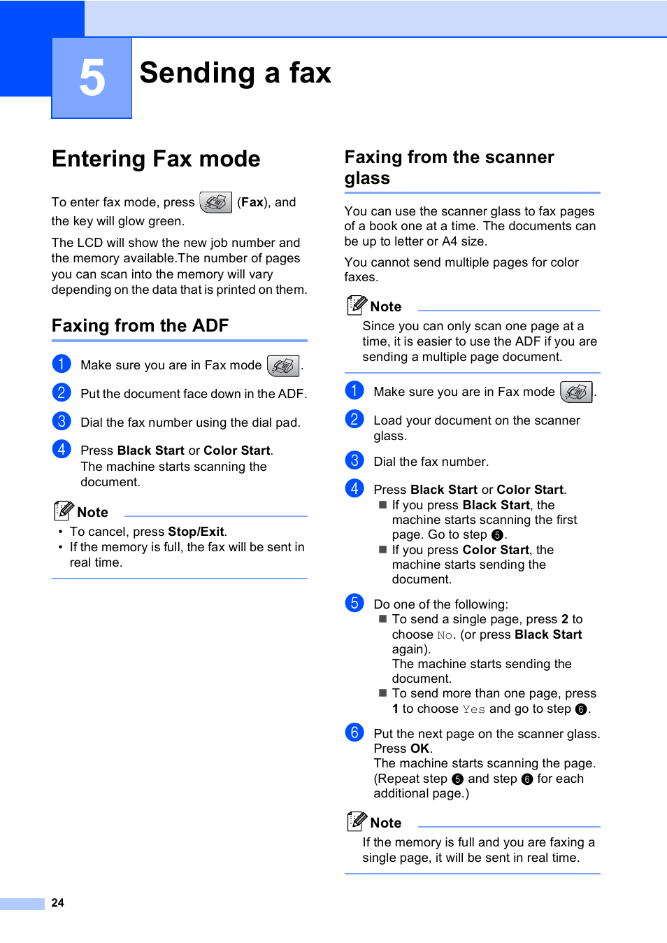 5 sending a fax, Entering fax mode, Faxing from the adf | Faxing from the scanner glass, Sending a fax, Faxing from the adf faxing from the scanner glass | Brother MFC-240C User Manual | Page 39 / 149