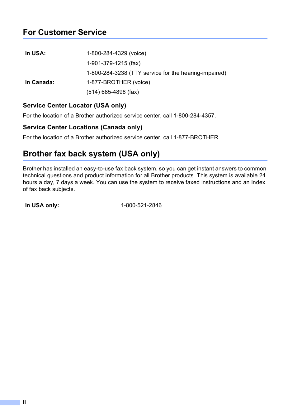 For customer service, Brother fax back system (usa only) | Brother MFC-240C User Manual | Page 4 / 149