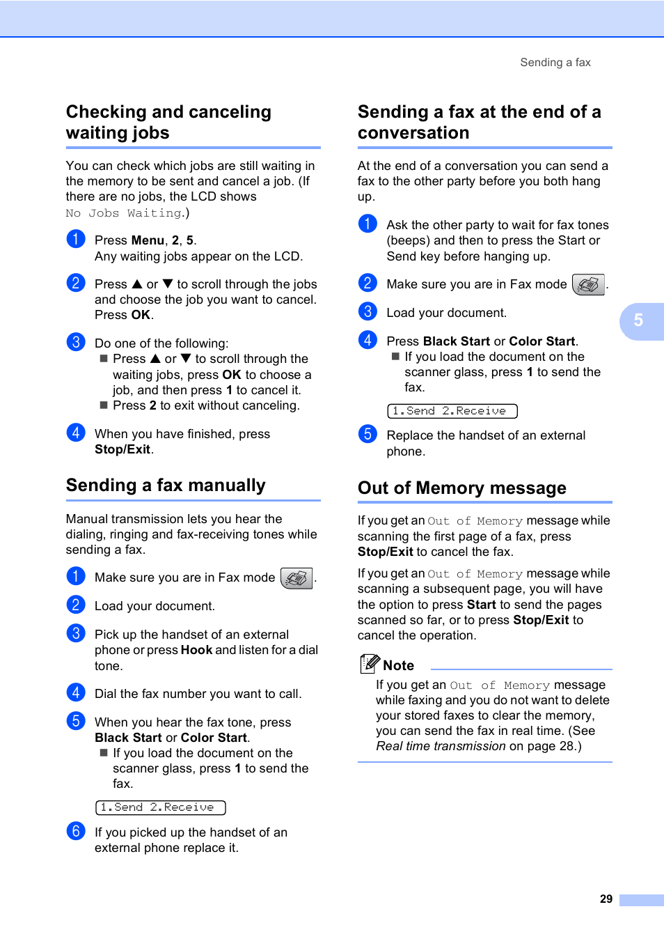 Checking and canceling waiting jobs, Sending a fax manually, Sending a fax at the end of a conversation | Out of memory message, 5checking and canceling waiting jobs | Brother MFC-240C User Manual | Page 44 / 149