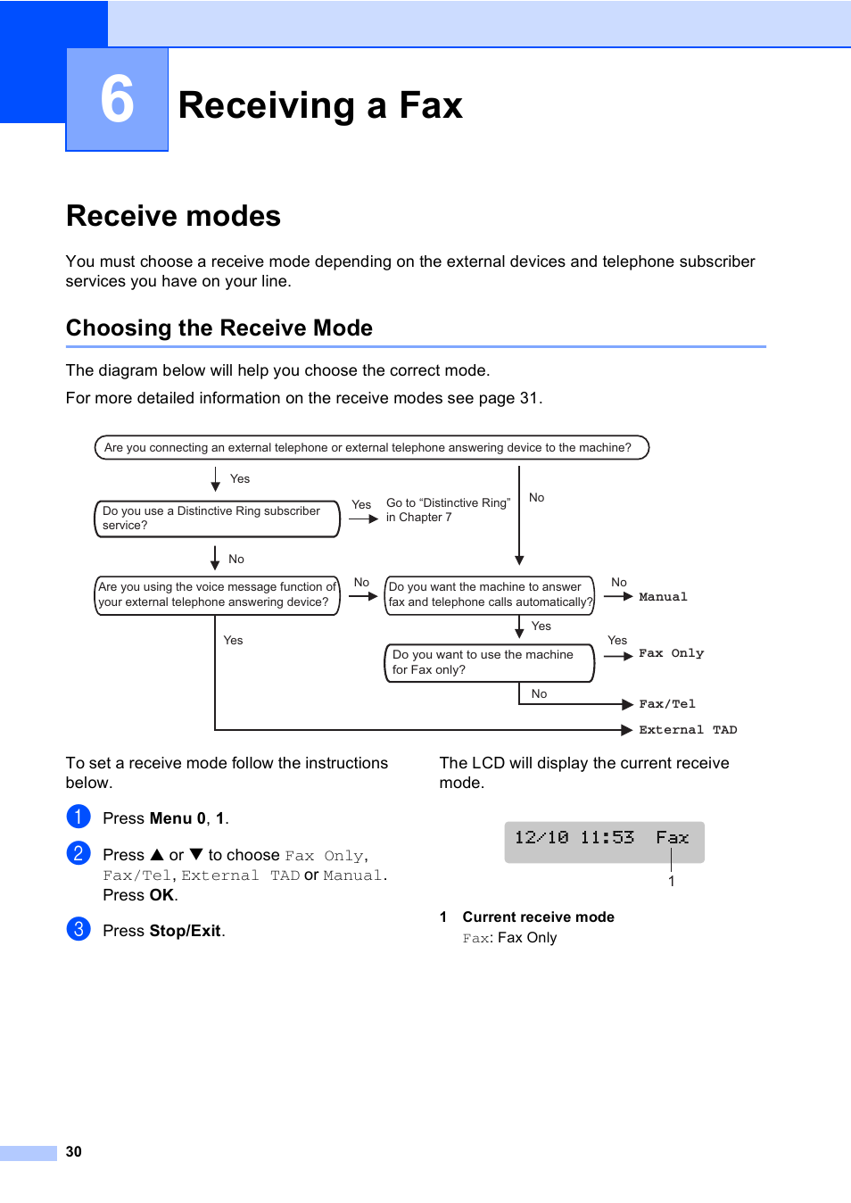 6 receiving a fax, Receive modes, Choosing the receive mode | Receiving a fax | Brother MFC-240C User Manual | Page 45 / 149