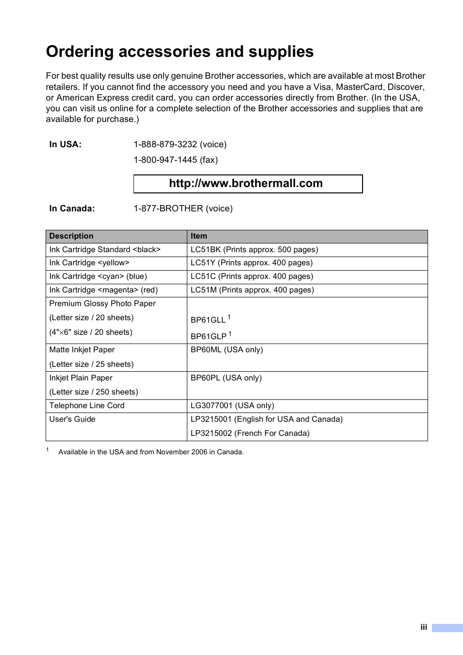 Ordering accessories and supplies | Brother MFC-240C User Manual | Page 5 / 149