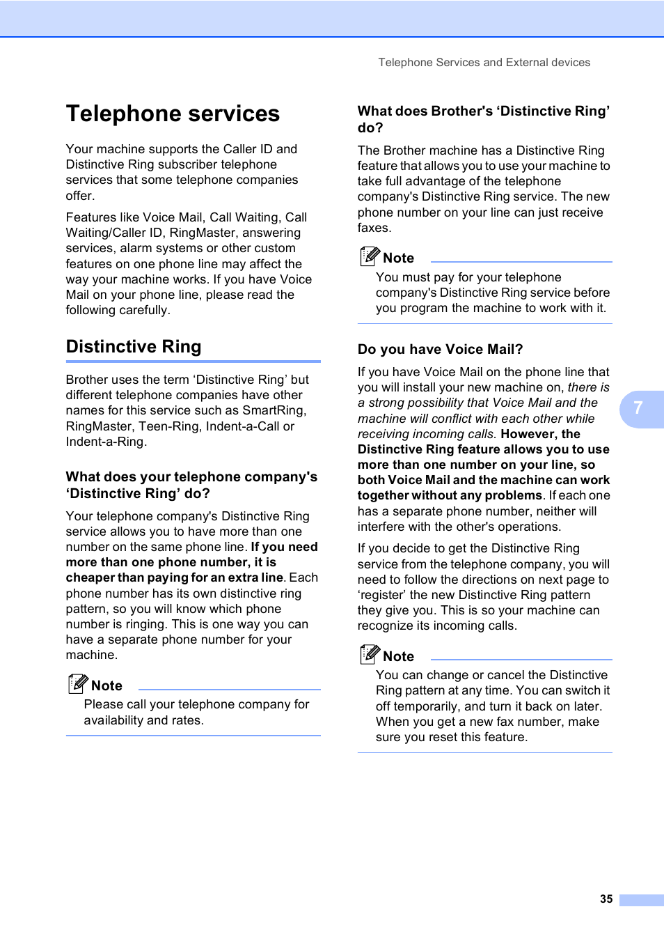 Telephone services, Distinctive ring, What does brother's ‘distinctive ring’ do | Do you have voice mail | Brother MFC-240C User Manual | Page 50 / 149