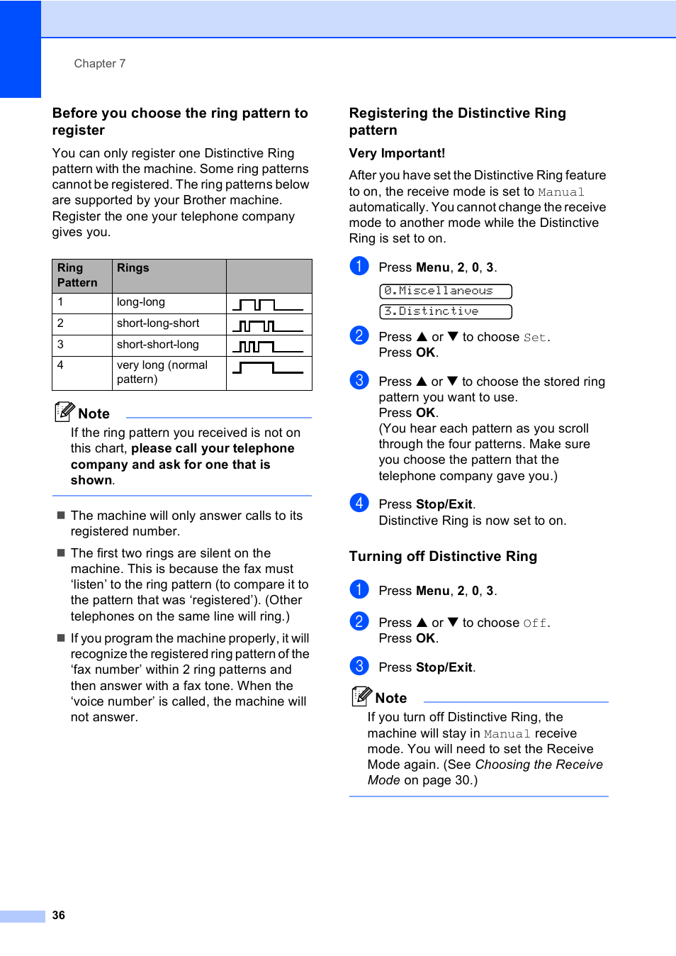 Before you choose the ring pattern to register, Registering the distinctive ring pattern, Turning off distinctive ring | Brother MFC-240C User Manual | Page 51 / 149