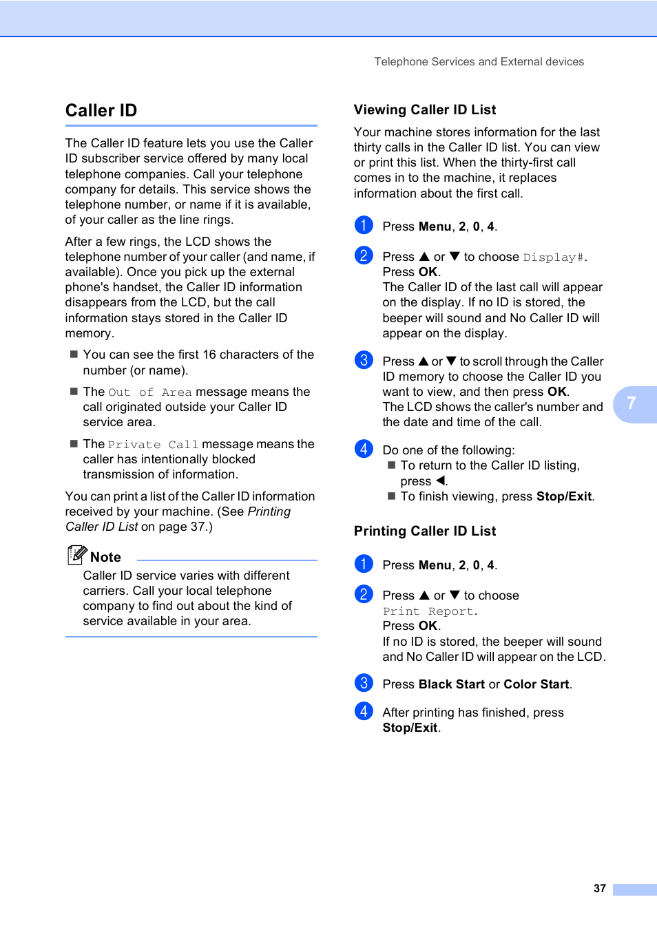 Caller id, Viewing caller id list, Printing caller id list | 7caller id | Brother MFC-240C User Manual | Page 52 / 149