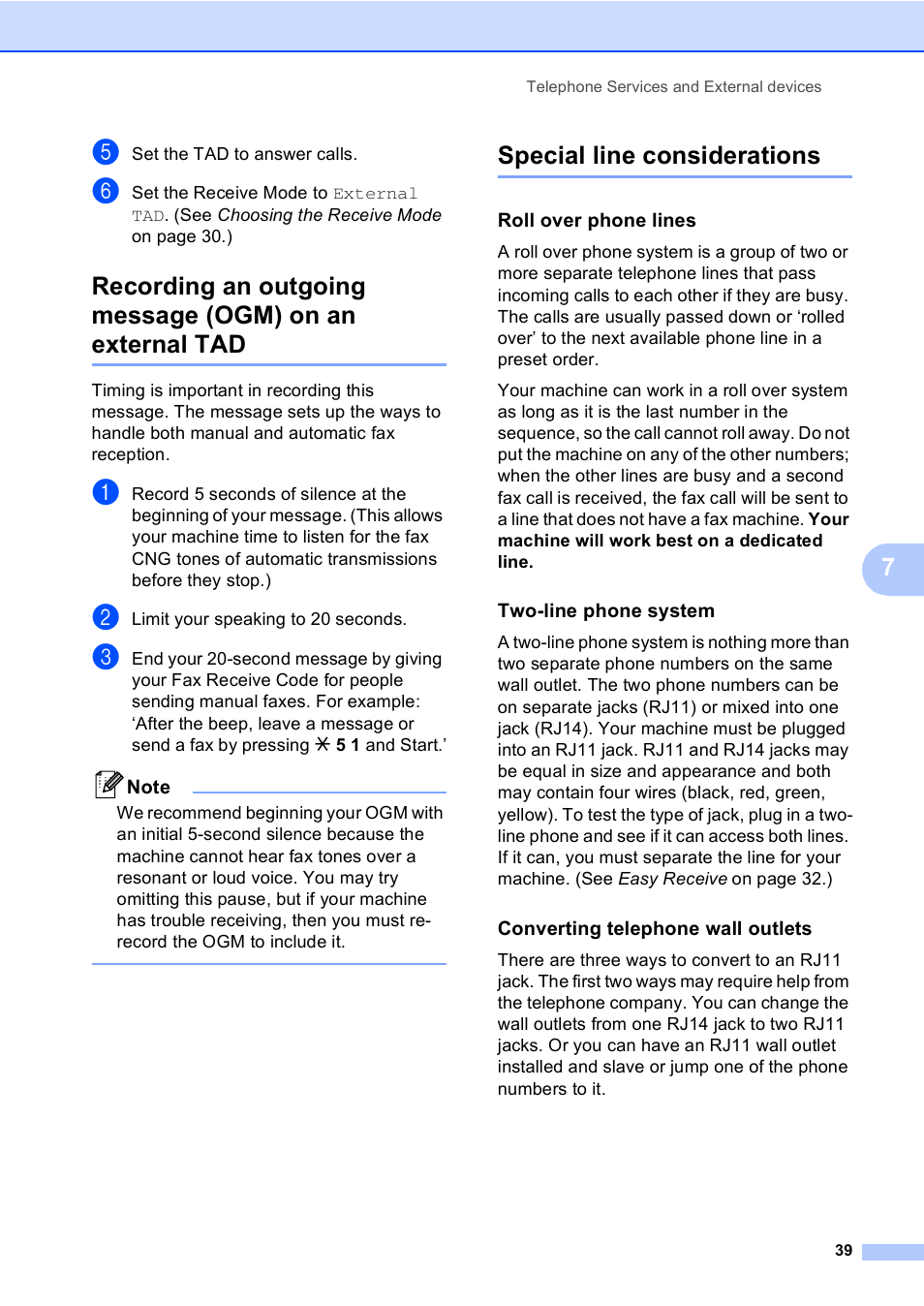 Special line considerations, Roll over phone lines, Two-line phone system | Converting telephone wall outlets | Brother MFC-240C User Manual | Page 54 / 149