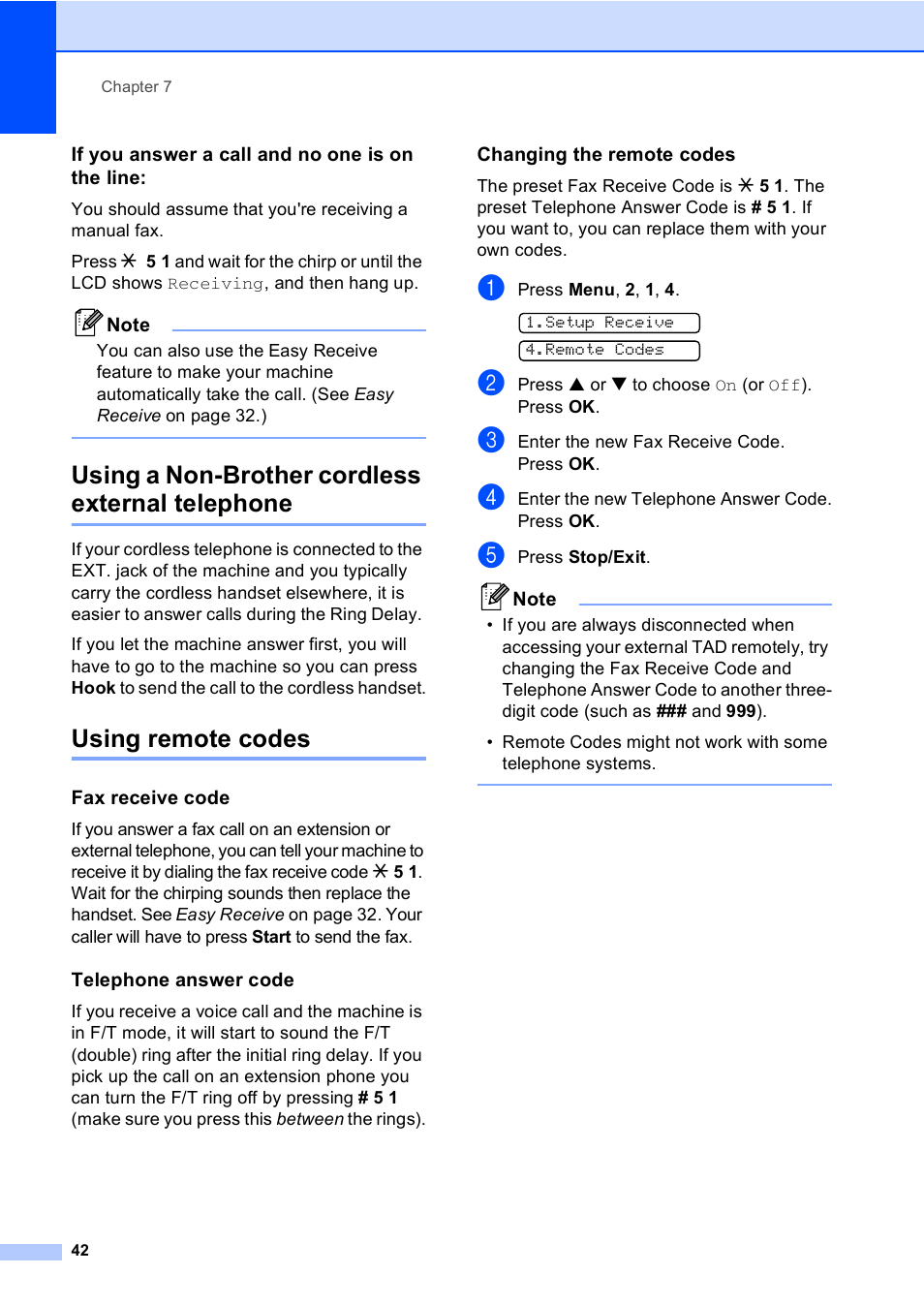 If you answer a call and no one is on the line, Using a non-brother cordless external telephone, Using remote codes | Fax receive code, Telephone answer code, Changing the remote codes | Brother MFC-240C User Manual | Page 57 / 149