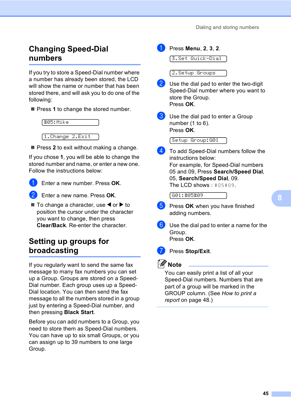 Changing speed-dial numbers, Setting up groups for broadcasting, 8changing speed-dial numbers | Brother MFC-240C User Manual | Page 60 / 149