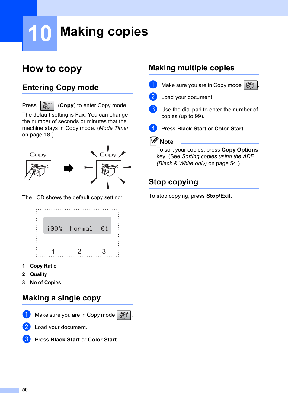 10 making copies, How to copy, Entering copy mode | Making a single copy, Making multiple copies, Stop copying, Making copies | Brother MFC-240C User Manual | Page 65 / 149