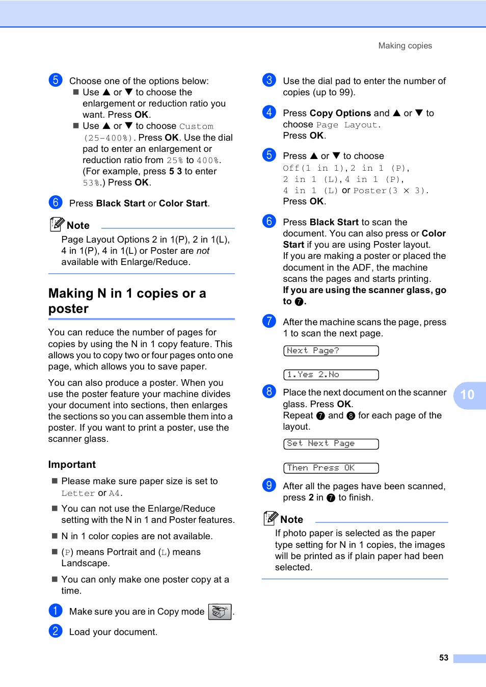 Making n in 1 copies or a poster, Important | Brother MFC-240C User Manual | Page 68 / 149