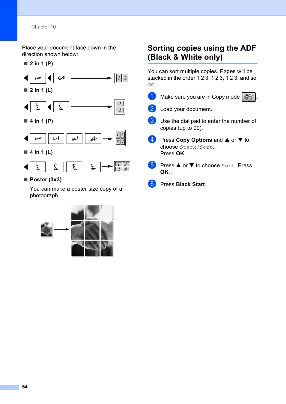 Sorting copies using the adf (black & white only) | Brother MFC-240C User Manual | Page 69 / 149