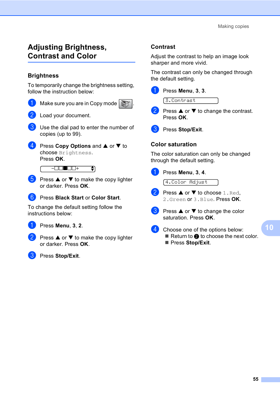 Adjusting brightness, contrast and color, Brightness, Contrast | Color saturation, 10 adjusting brightness, contrast and color | Brother MFC-240C User Manual | Page 70 / 149