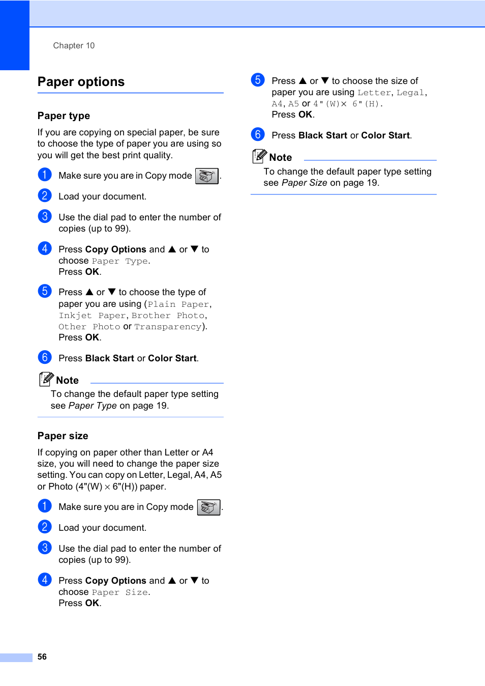 Paper options, Paper type, Paper size | Brother MFC-240C User Manual | Page 71 / 149