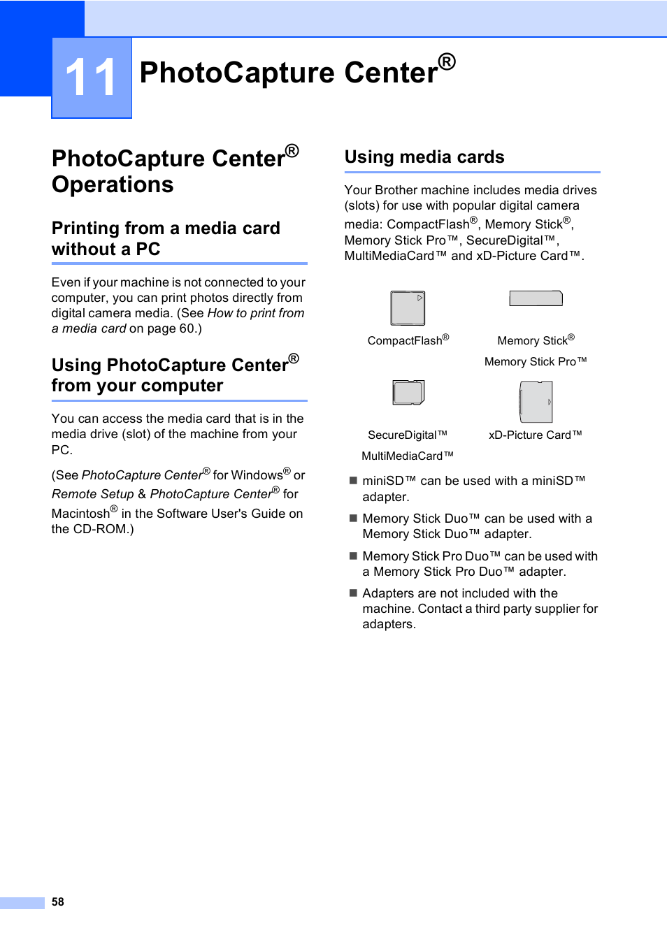 11 photocapture center, Photocapture center® operations, Printing from a media card without a pc | Using photocapture center® from your computer, Using media cards, Photocapture center, Operations, From your computer, Using photocapture center | Brother MFC-240C User Manual | Page 73 / 149