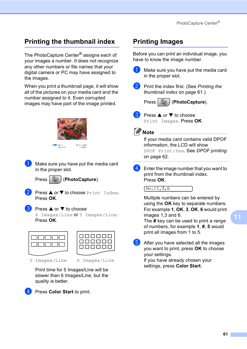Printing the thumbnail index, Printing images, Printing the thumbnail index printing images | 11 printing the thumbnail index | Brother MFC-240C User Manual | Page 76 / 149