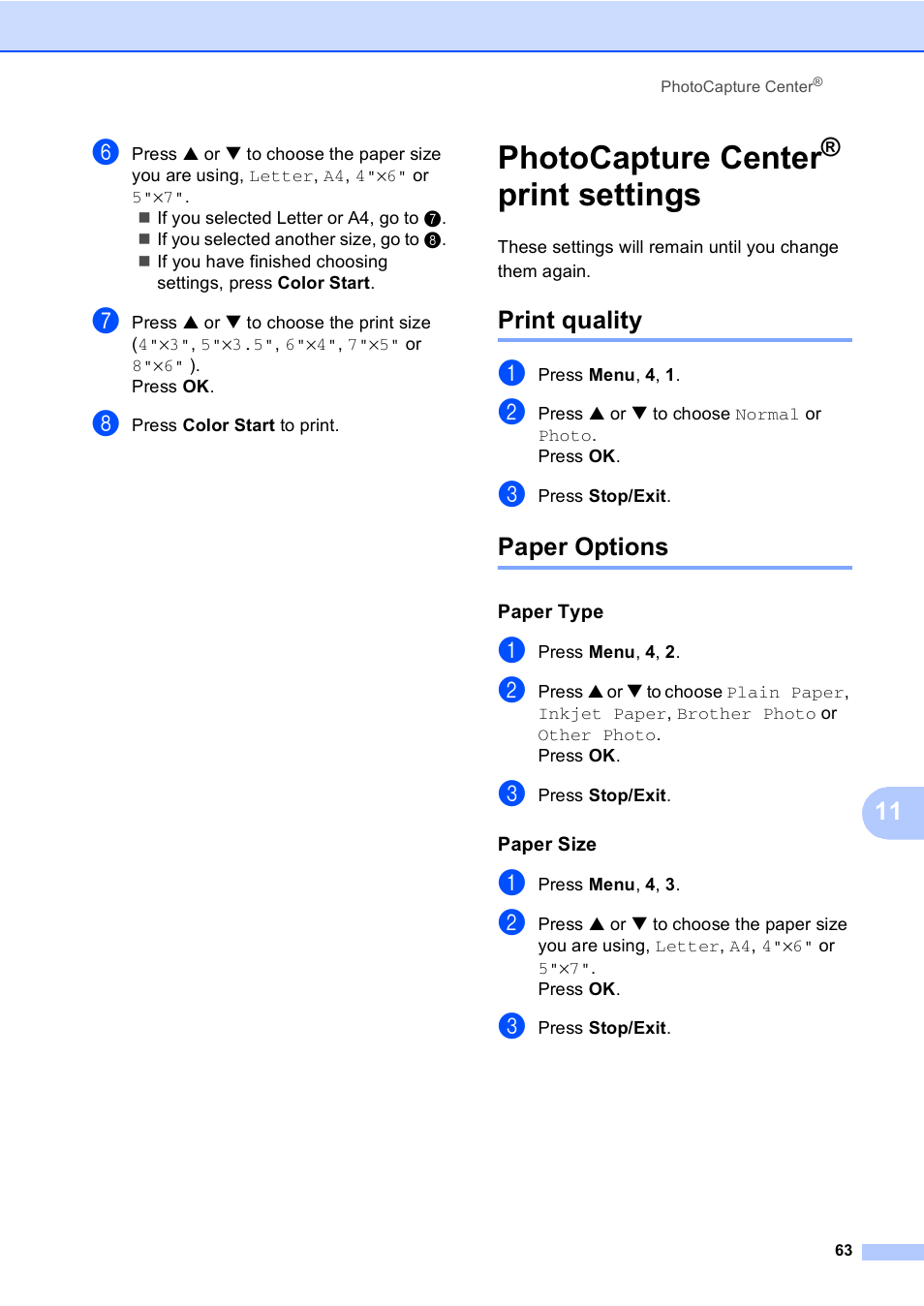 Photocapture center® print settings, Print quality, Paper options | Paper type, Paper size, Photocapture center, Print settings, Print quality paper options | Brother MFC-240C User Manual | Page 78 / 149
