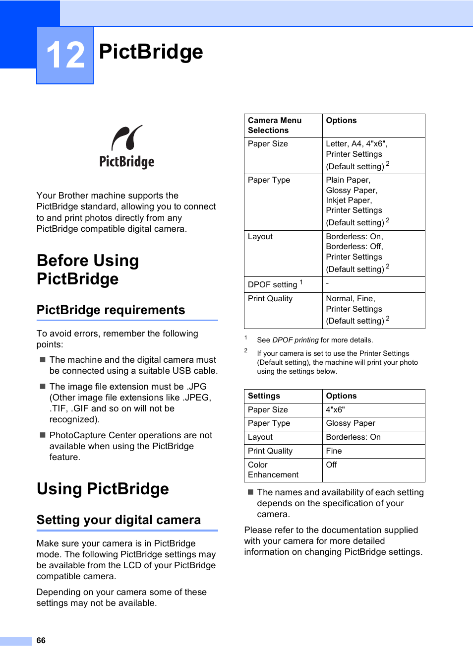 12 pictbridge, Before using pictbridge, Pictbridge requirements | Using pictbridge, Setting your digital camera, Pictbridge | Brother MFC-240C User Manual | Page 81 / 149