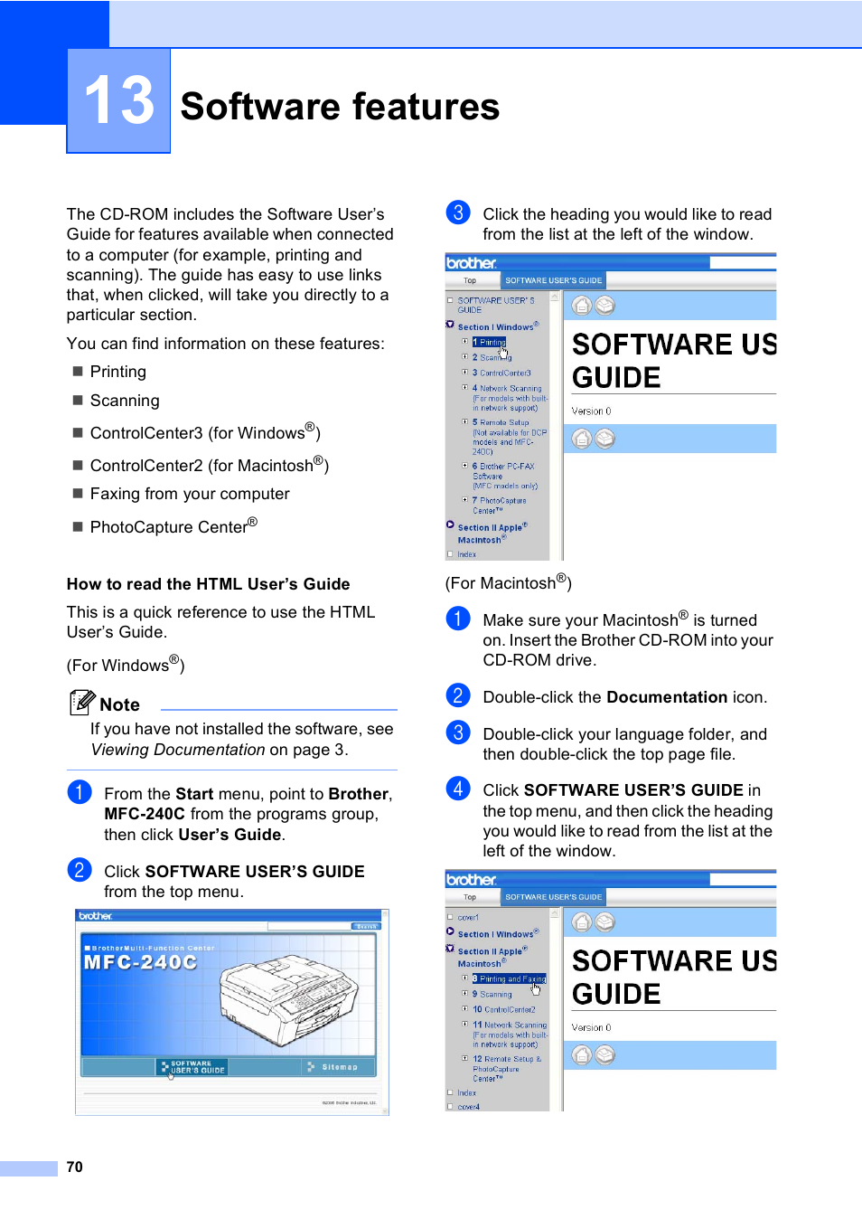 13 software features, Software features | Brother MFC-240C User Manual | Page 85 / 149