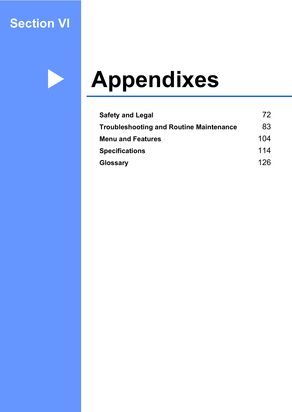 Section vi : appendixes, Section vi appendixes, Appendixes | Brother MFC-240C User Manual | Page 86 / 149