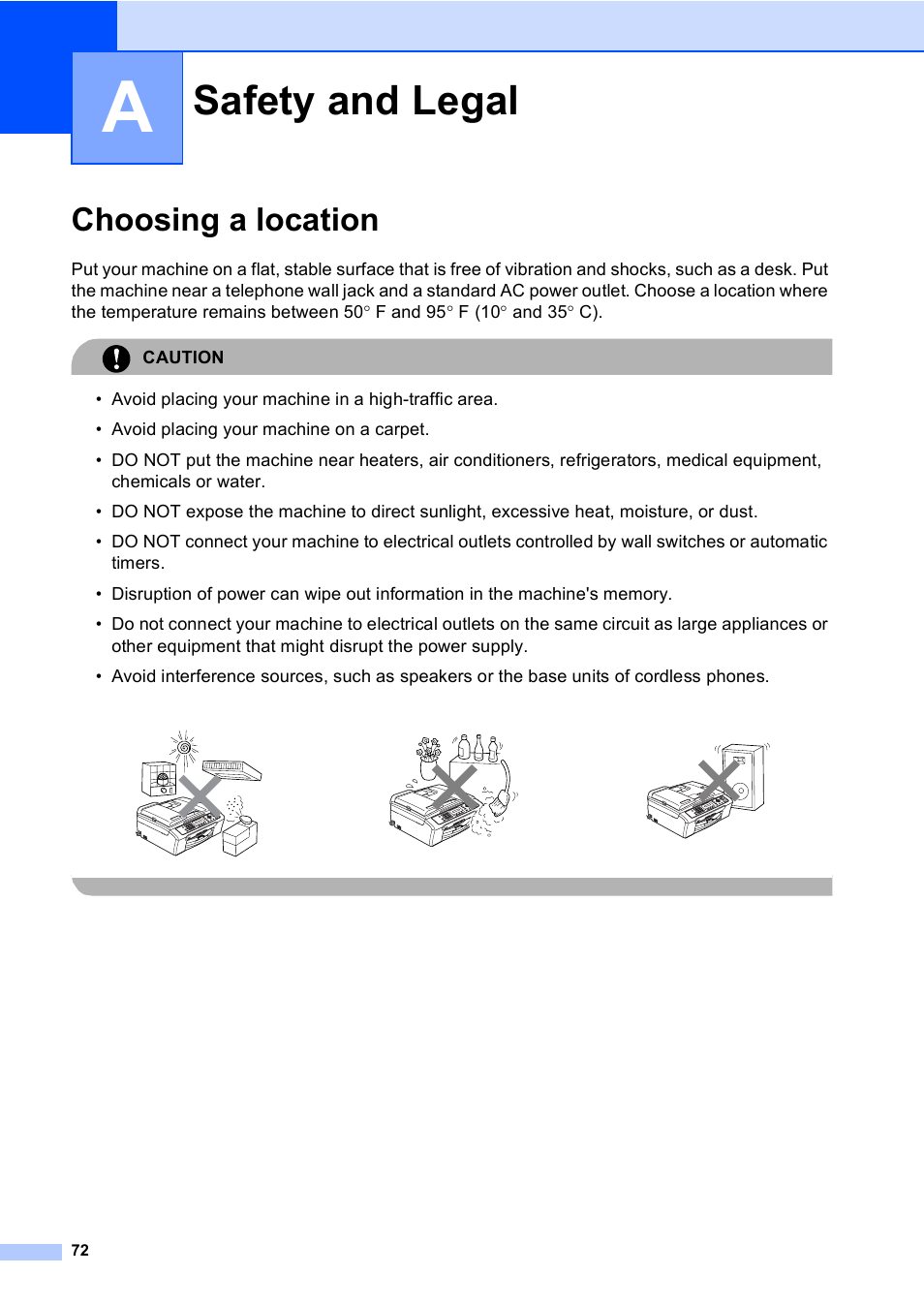 A : safety and legal, Choosing a location, Safety and legal | Brother MFC-240C User Manual | Page 87 / 149