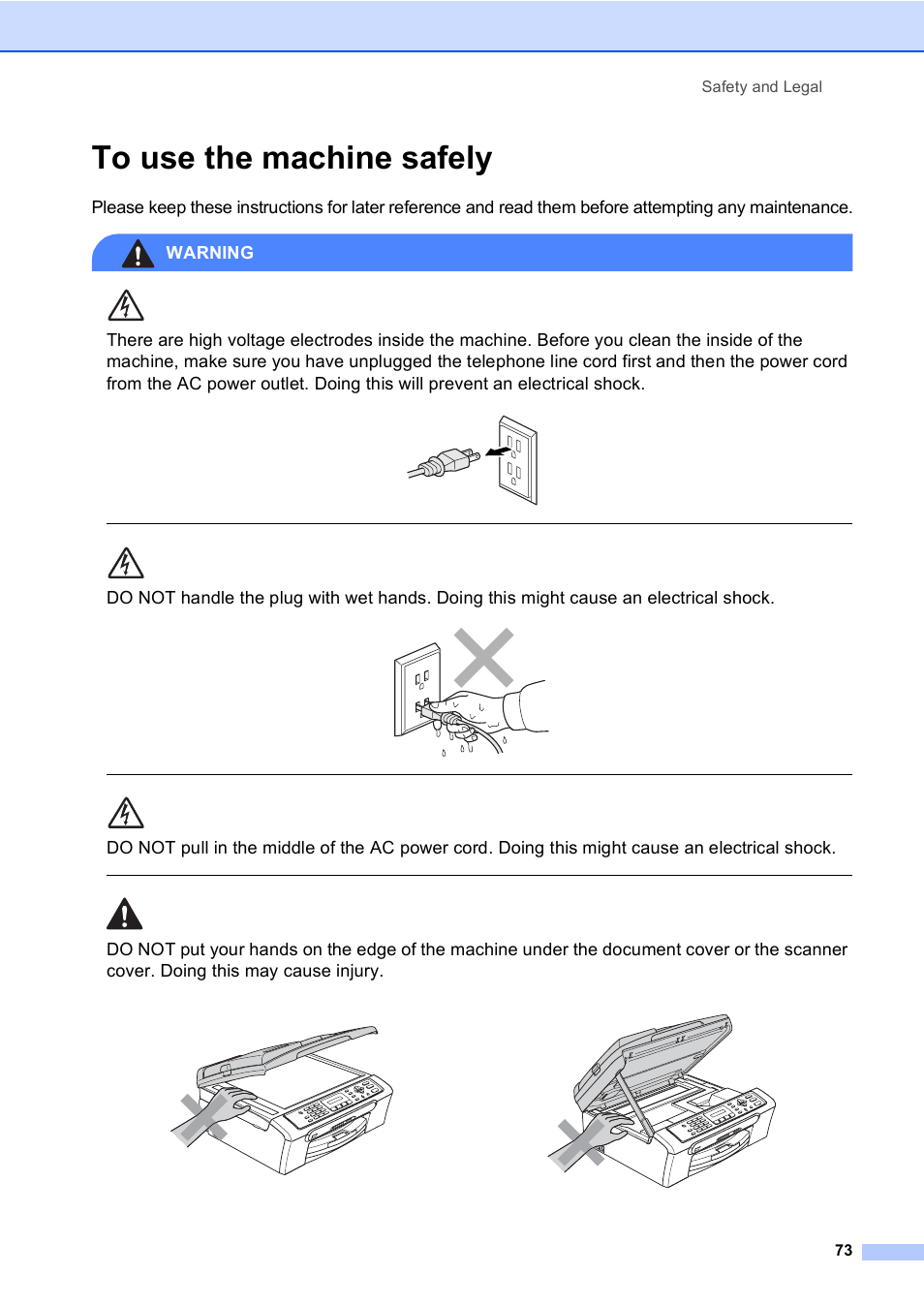 To use the machine safely, Safety and legal 73 | Brother MFC-240C User Manual | Page 88 / 149