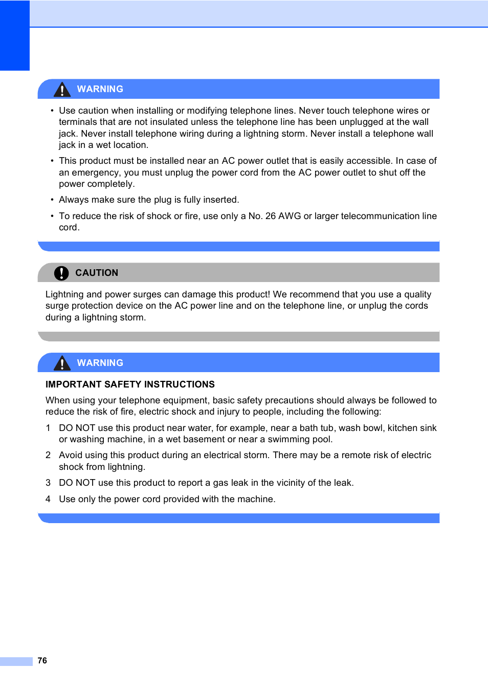 Warning, Caution | Brother MFC-240C User Manual | Page 91 / 149