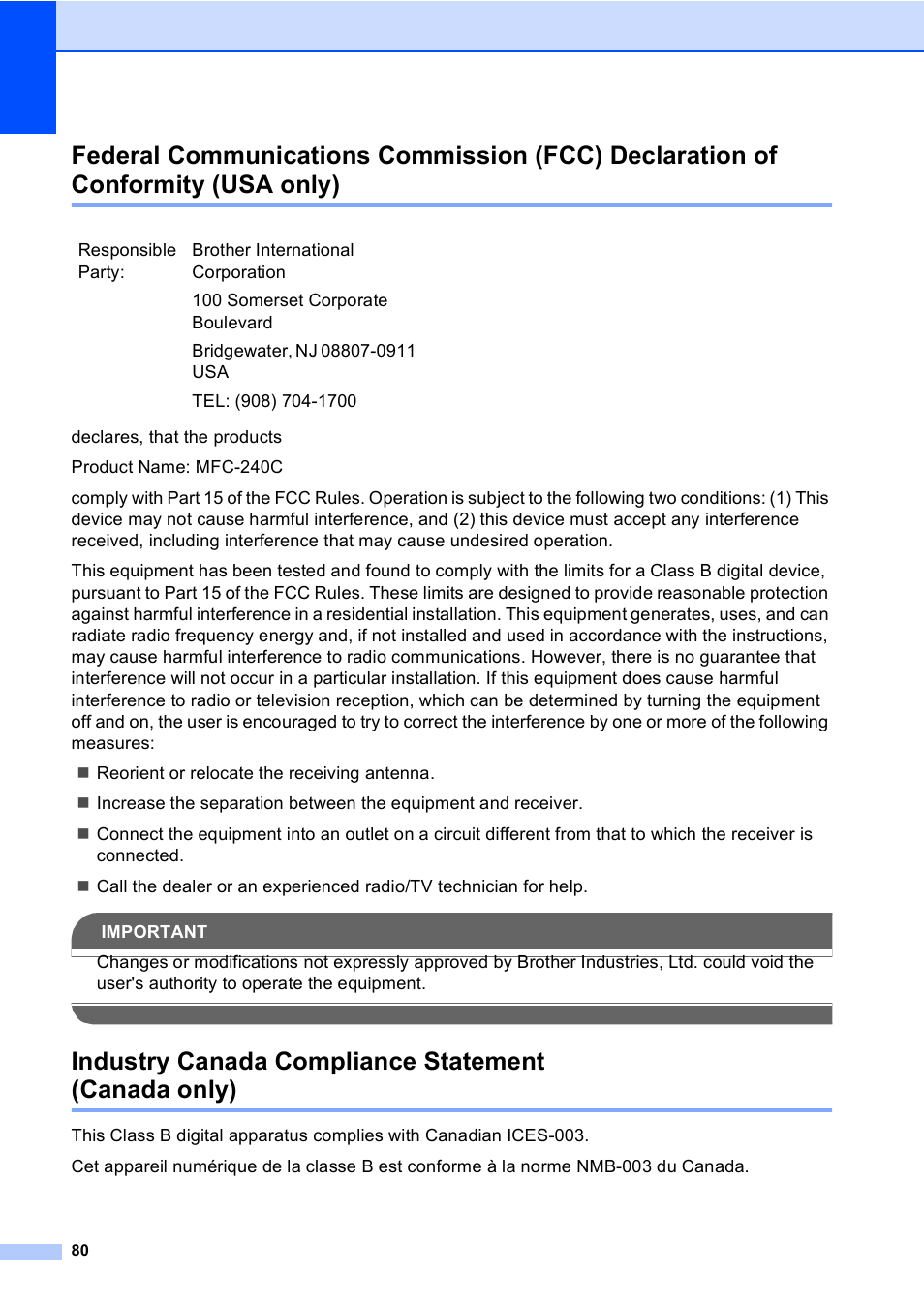 Industry canada compliance statement (canada only), Usa only) | Brother MFC-240C User Manual | Page 95 / 149