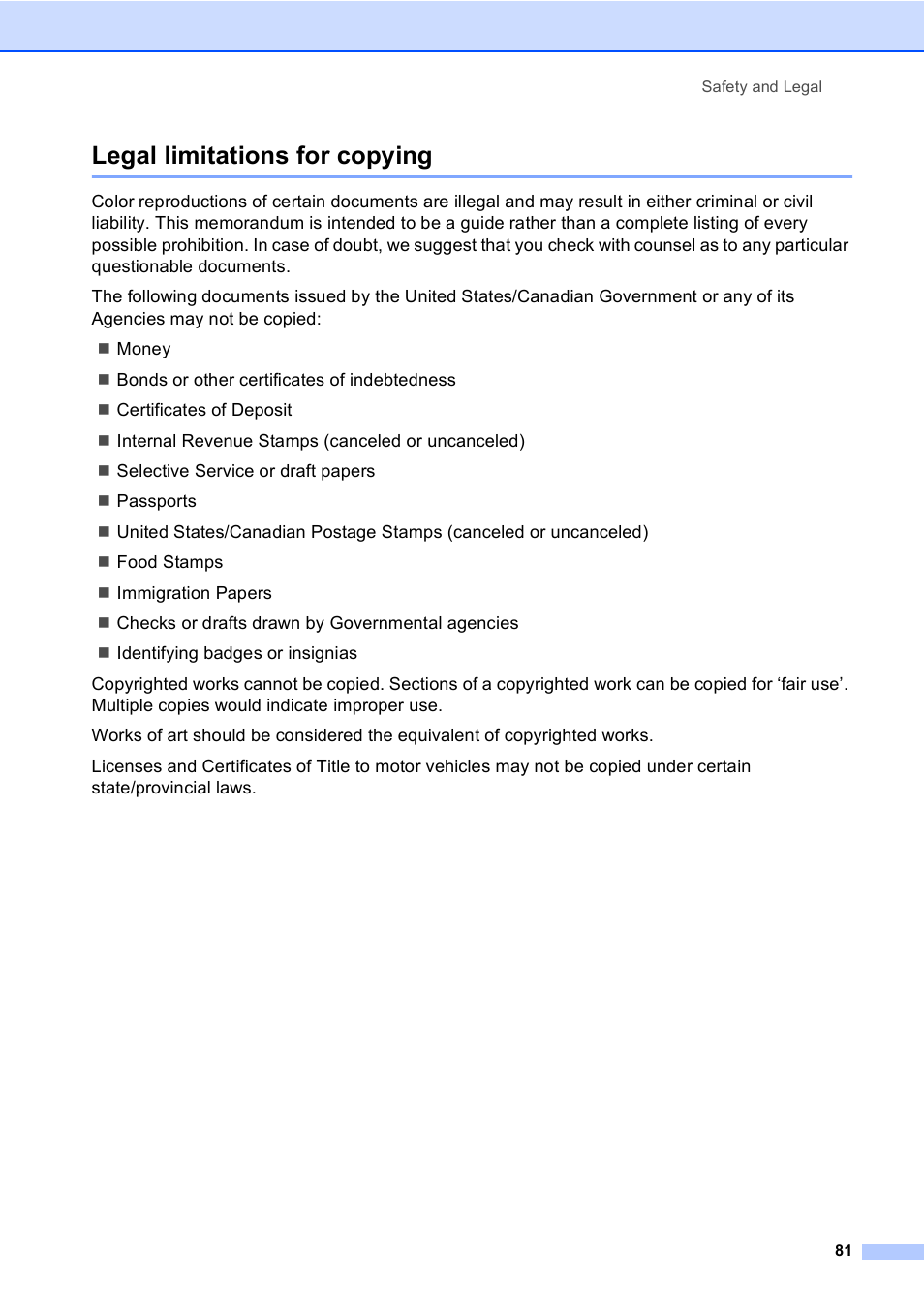 Legal limitations for copying | Brother MFC-240C User Manual | Page 96 / 149