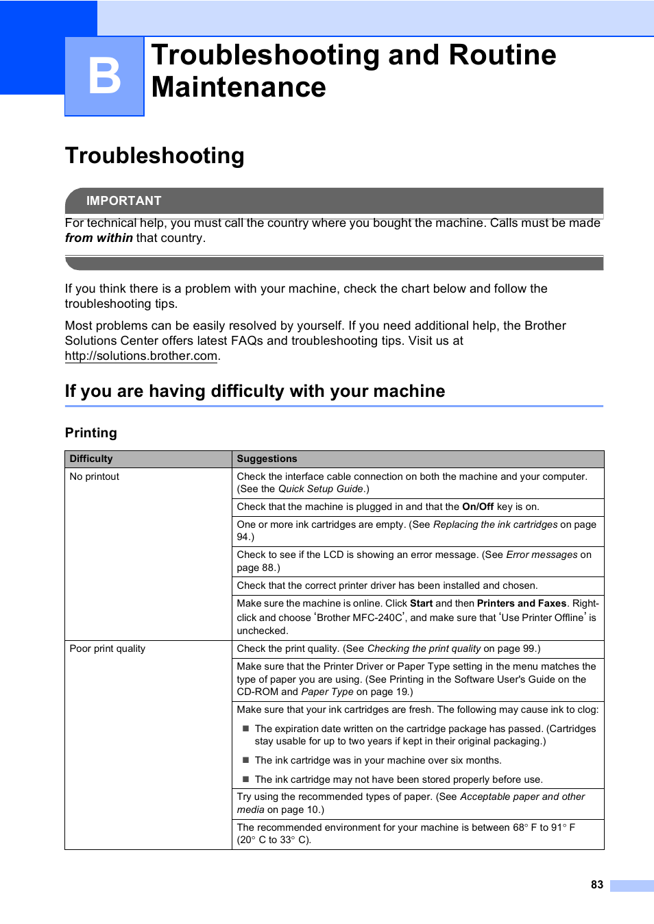 B : troubleshooting and routine maintenance, Troubleshooting, If you are having difficulty with your machine | Troubleshooting and routine maintenance | Brother MFC-240C User Manual | Page 98 / 149