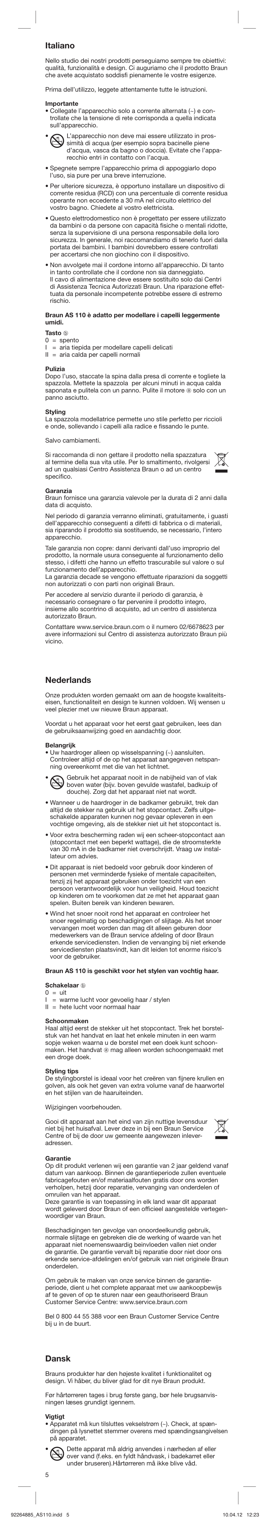 Italiano, Nederlands, Dansk | Braun AS110 Satin Hair 1 User Manual | Page 5 / 15