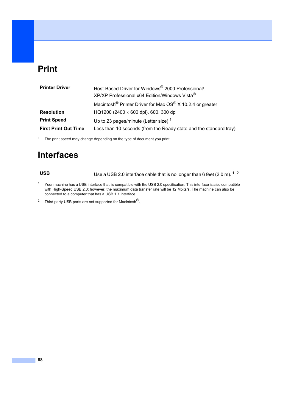 Print, Interfaces, Print interfaces | Brother DCP-7040 User Manual | Page 100 / 108