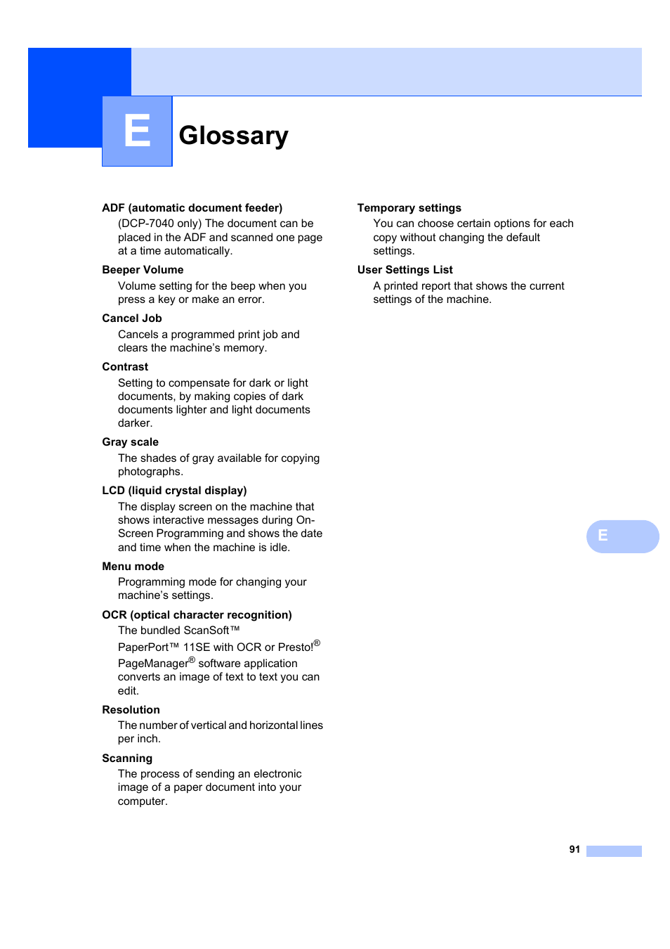 E glossary, Glossary | Brother DCP-7040 User Manual | Page 103 / 108