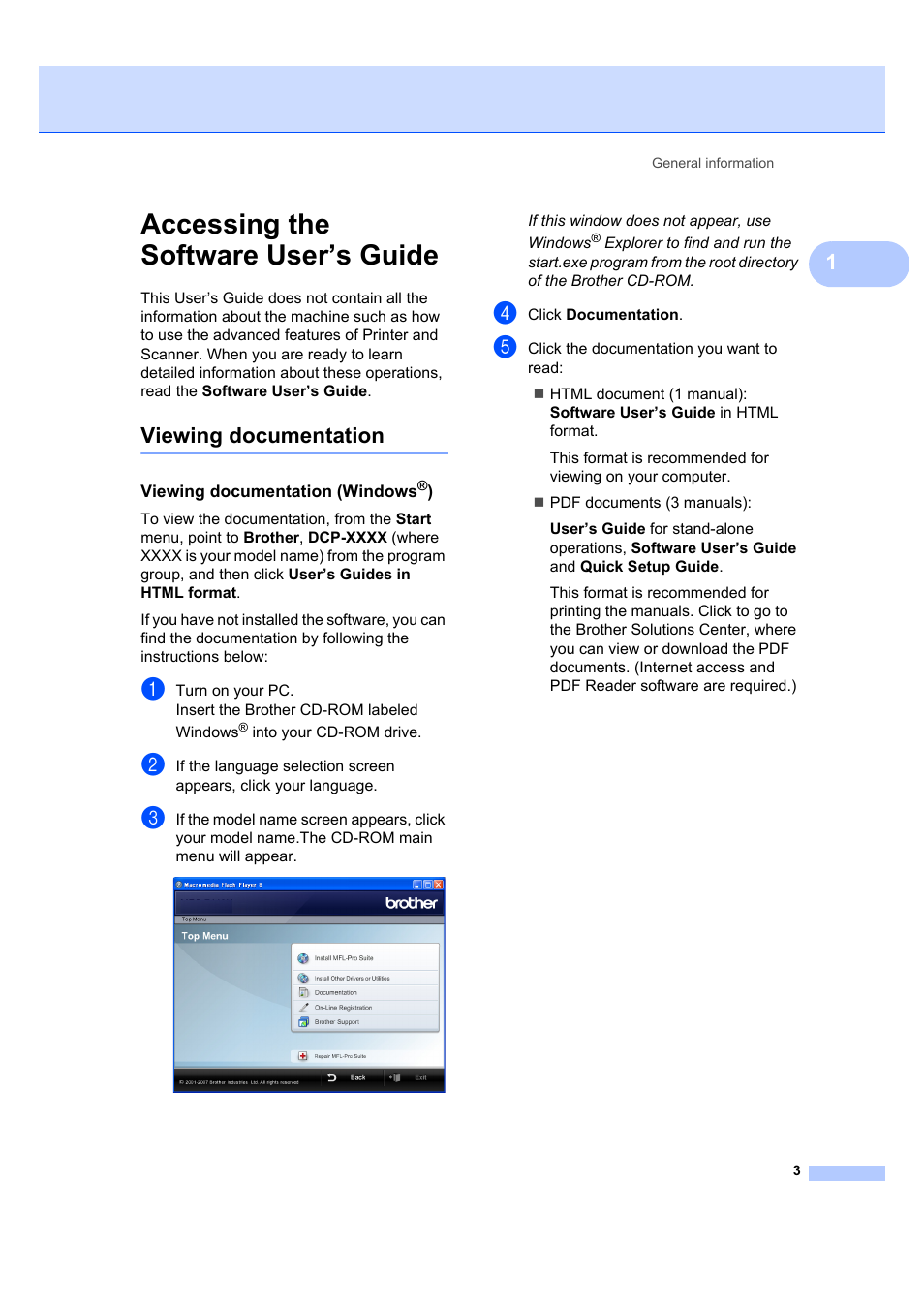 Accessing the software user’s guide, Viewing documentation, Viewing documentation (windows®) | Brother DCP-7040 User Manual | Page 15 / 108