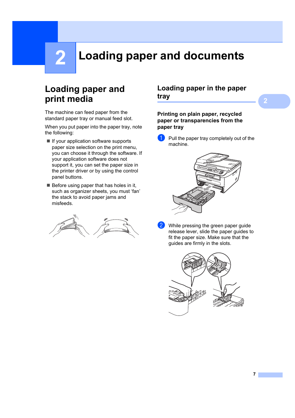 2 loading paper and documents, Loading paper and print media, Loading paper in the paper tray | Loading paper and documents | Brother DCP-7040 User Manual | Page 19 / 108