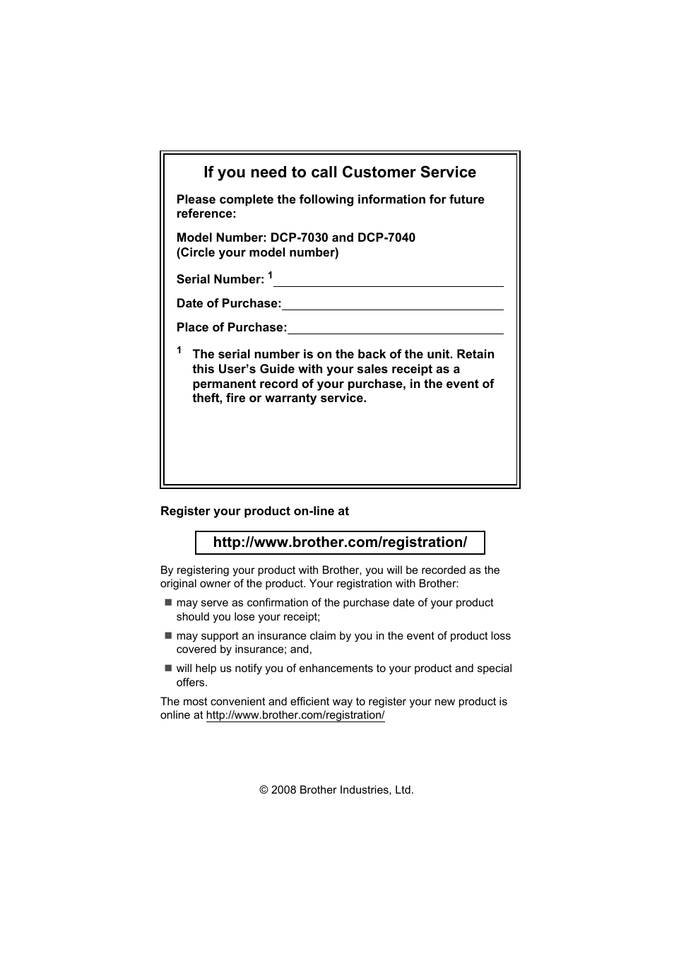If you need to call customer service | Brother DCP-7040 User Manual | Page 2 / 108