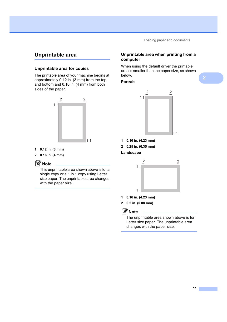 Unprintable area, Unprintable area for copies, Unprintable area when printing from a computer | 2unprintable area | Brother DCP-7040 User Manual | Page 23 / 108
