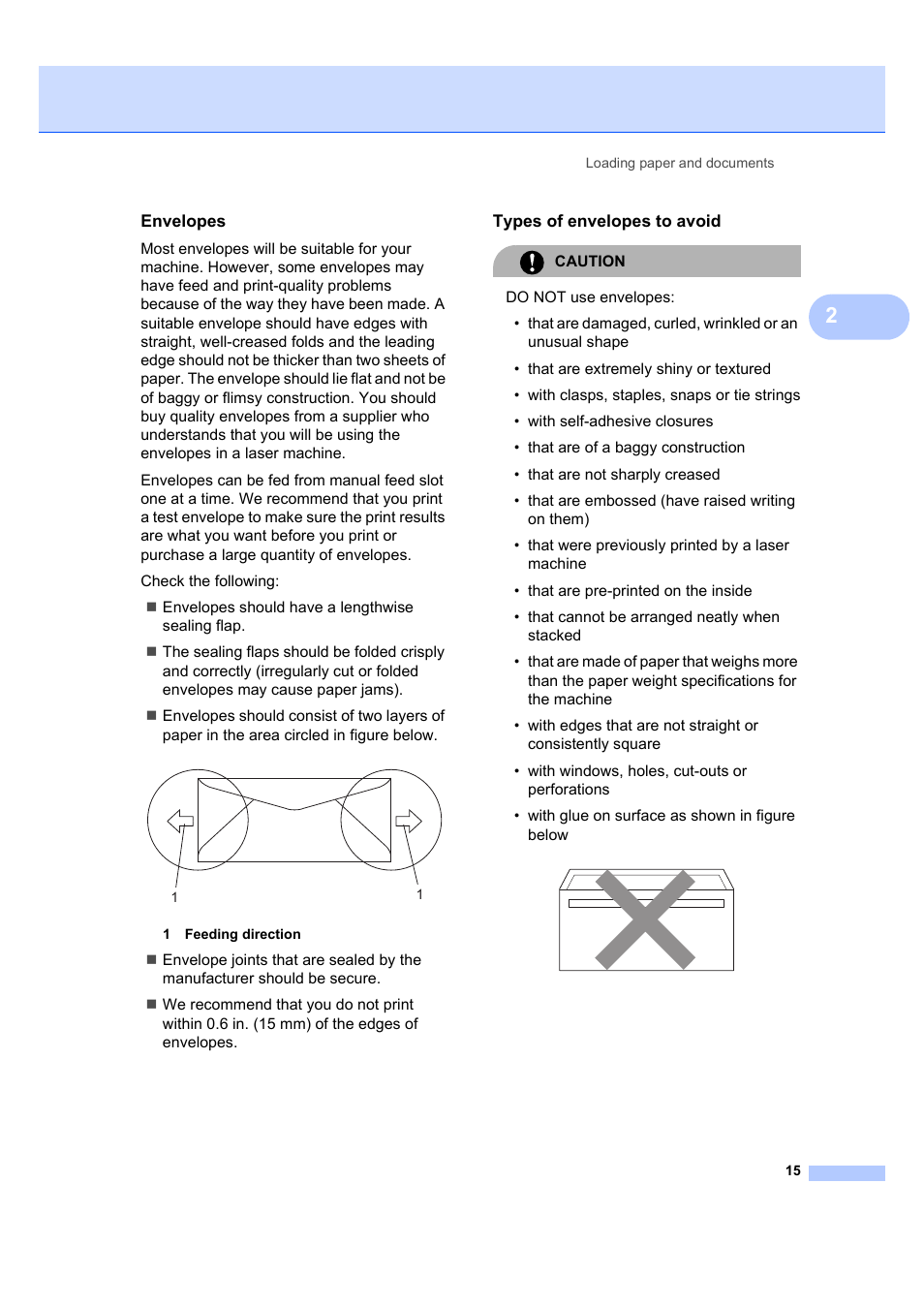 Envelopes, Types of envelopes to avoid | Brother DCP-7040 User Manual | Page 27 / 108