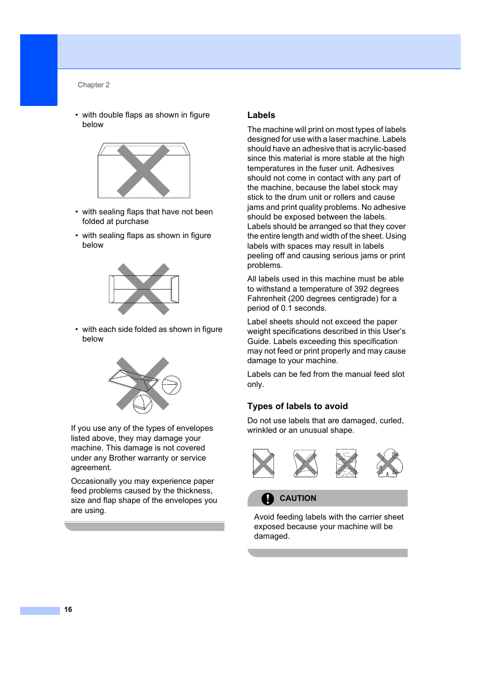 Labels, Types of labels to avoid, With double flaps as shown in figure below | With each side folded as shown in figure below, Caution | Brother DCP-7040 User Manual | Page 28 / 108