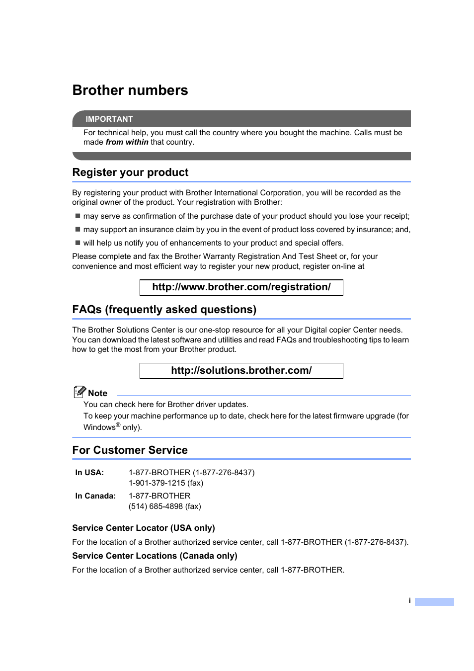 Brother numbers, Register your product, Faqs (frequently asked questions) | For customer service | Brother DCP-7040 User Manual | Page 3 / 108