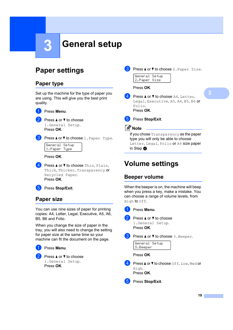 3 general setup, Paper settings, Paper type | Paper size, Volume settings, Beeper volume, General setup, Paper type paper size | Brother DCP-7040 User Manual | Page 31 / 108