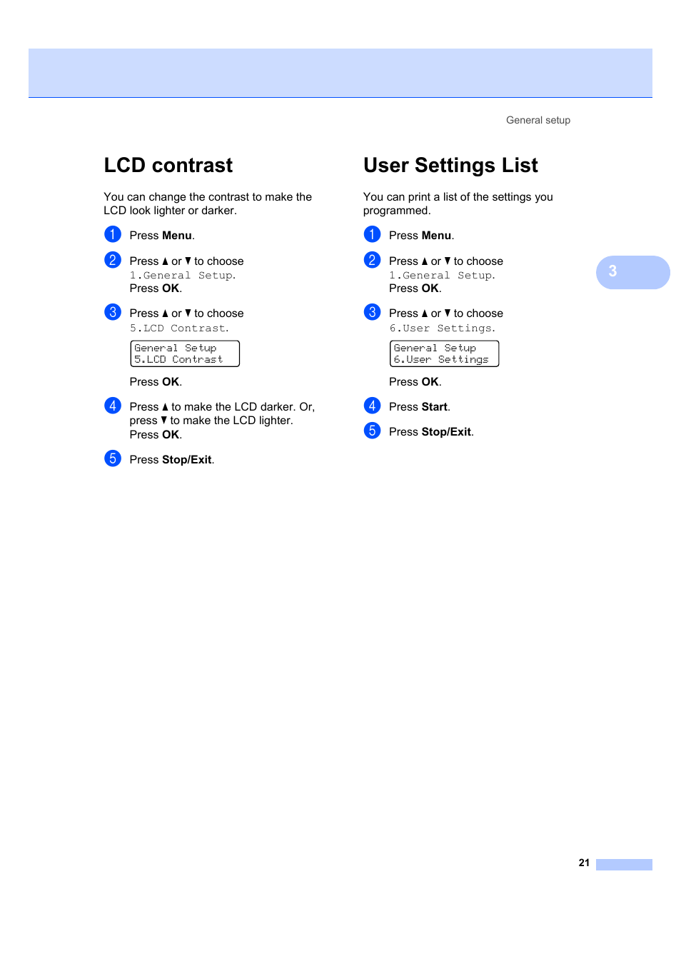 Lcd contrast, User settings list, Lcd contrast user settings list | Brother DCP-7040 User Manual | Page 33 / 108