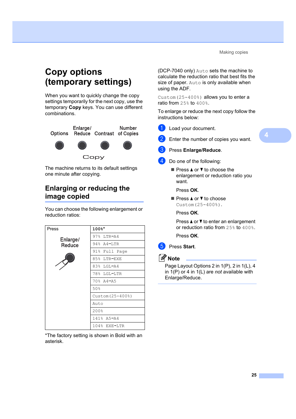 Copy options (temporary settings), Enlarging or reducing the image copied | Brother DCP-7040 User Manual | Page 37 / 108