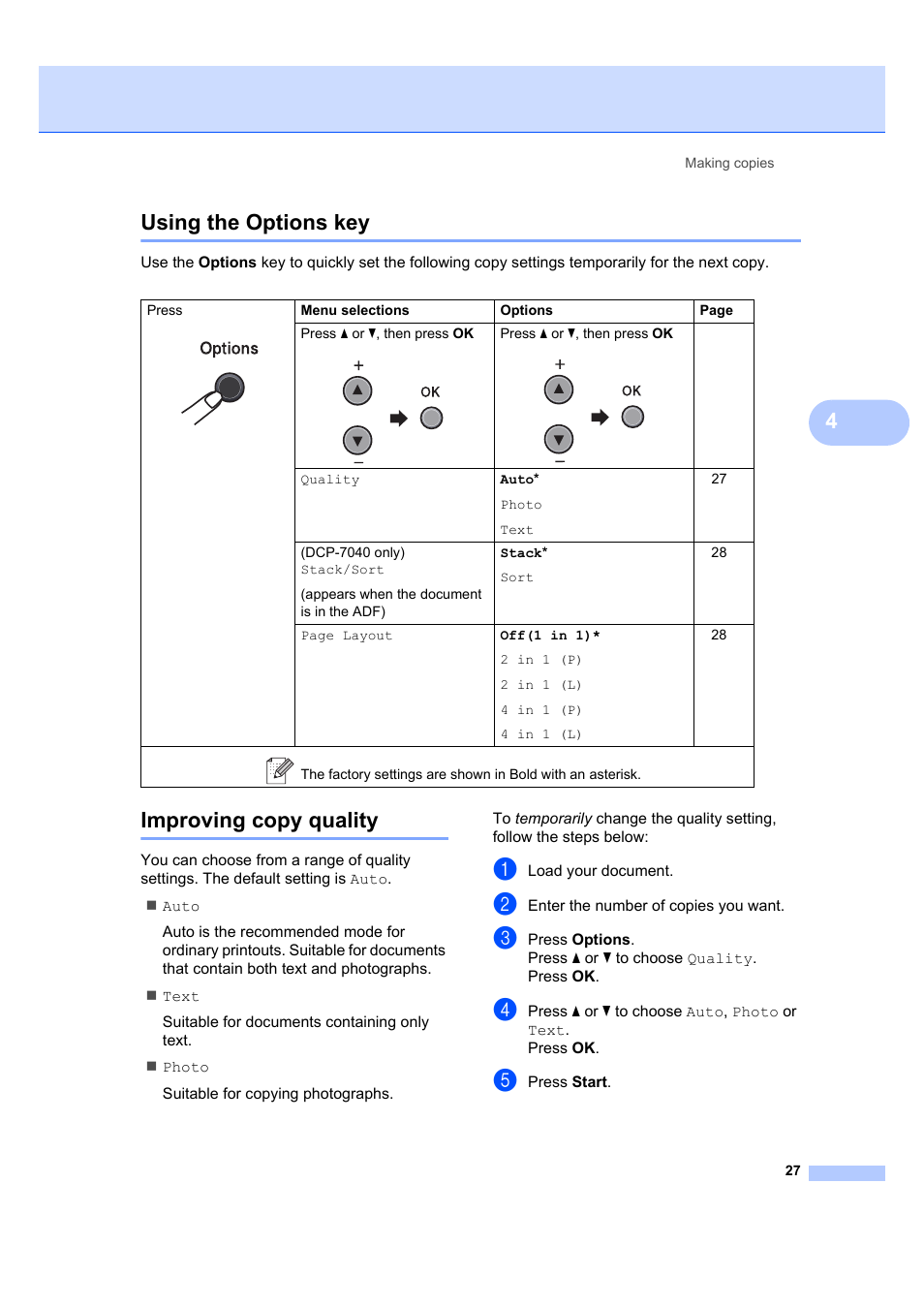 Using the options key, Improving copy quality, Using the options key improving copy quality | 4using the options key | Brother DCP-7040 User Manual | Page 39 / 108