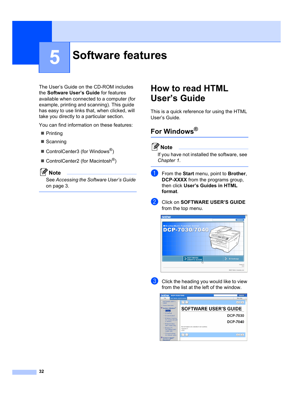 5 software features, How to read html user’s guide, For windows | Software features | Brother DCP-7040 User Manual | Page 44 / 108