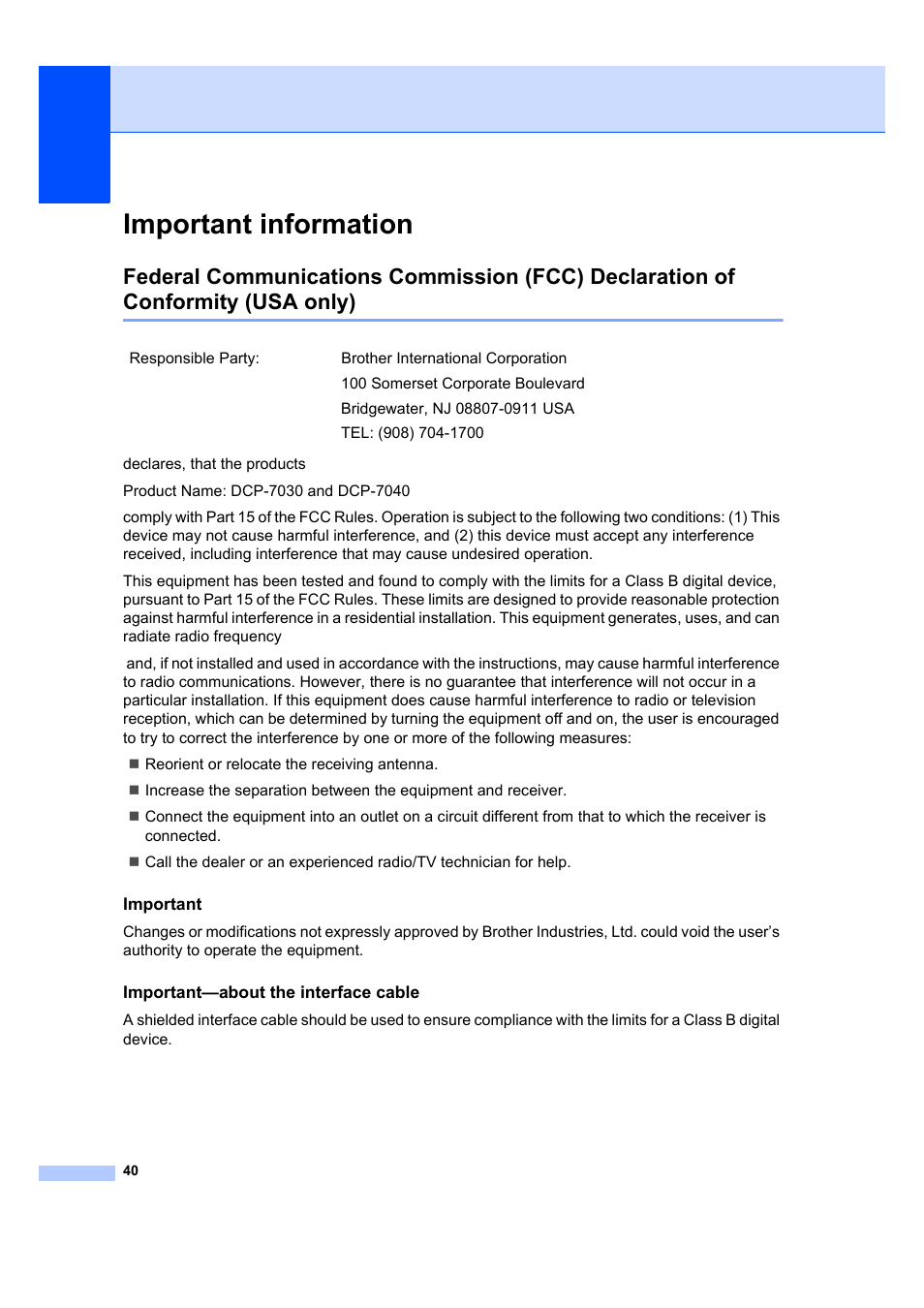 Important information, Important, Important-about the interface cable | Usa only) | Brother DCP-7040 User Manual | Page 52 / 108