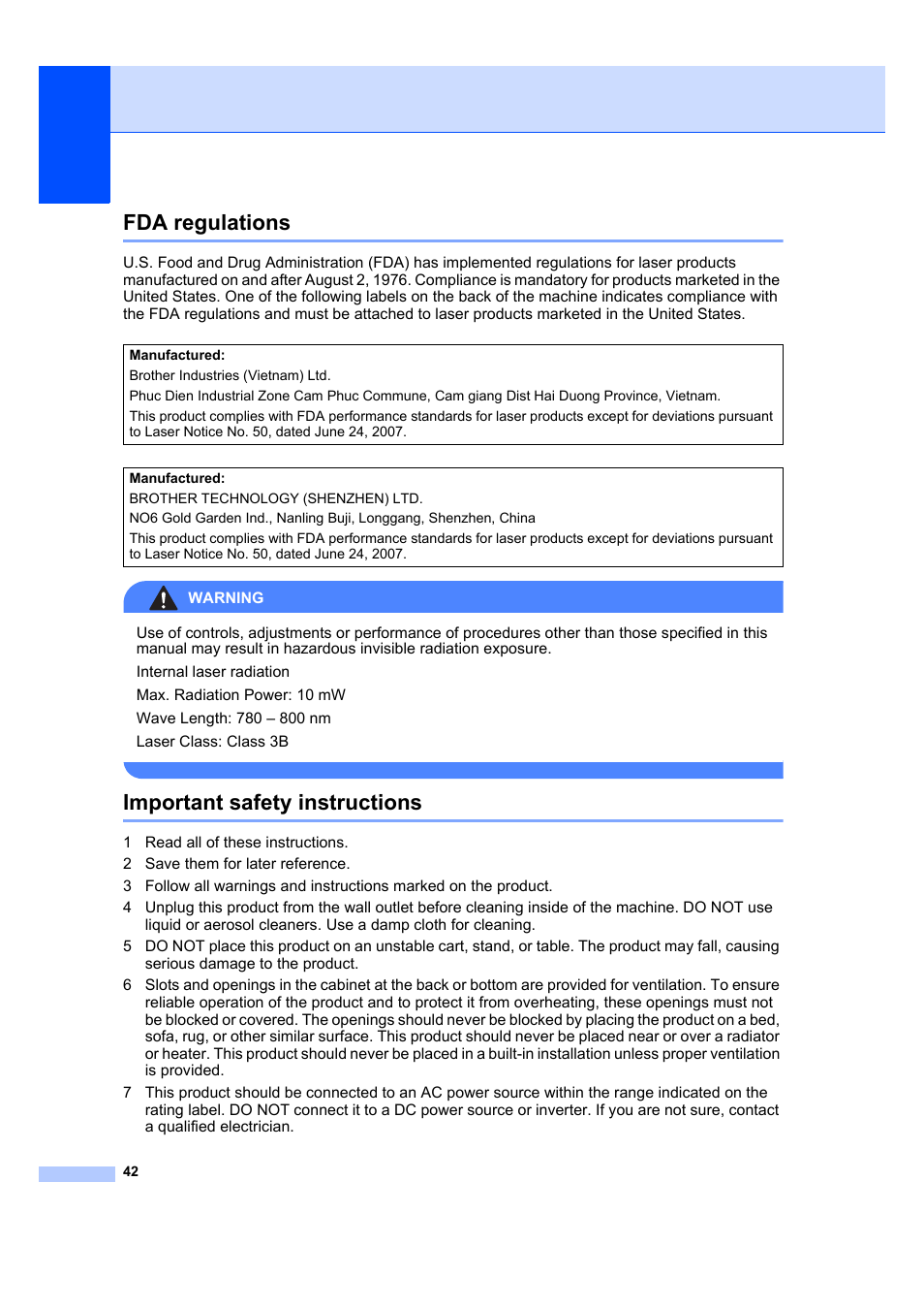 Fda regulations, Important safety instructions, Fda regulations important safety instructions | Brother DCP-7040 User Manual | Page 54 / 108