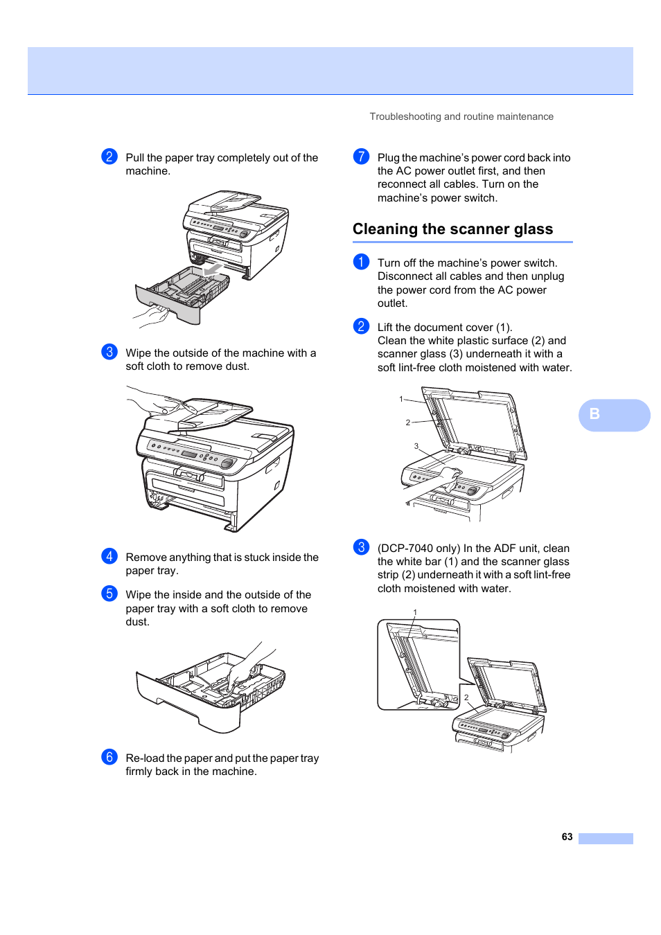 Cleaning the scanner glass | Brother DCP-7040 User Manual | Page 75 / 108