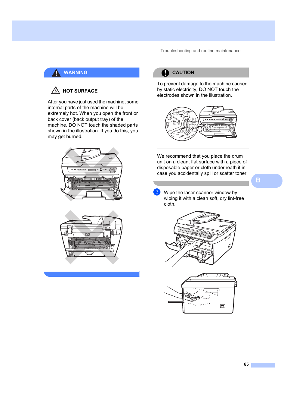Warning, Caution, Troubleshooting and routine maintenance 65 | Brother DCP-7040 User Manual | Page 77 / 108