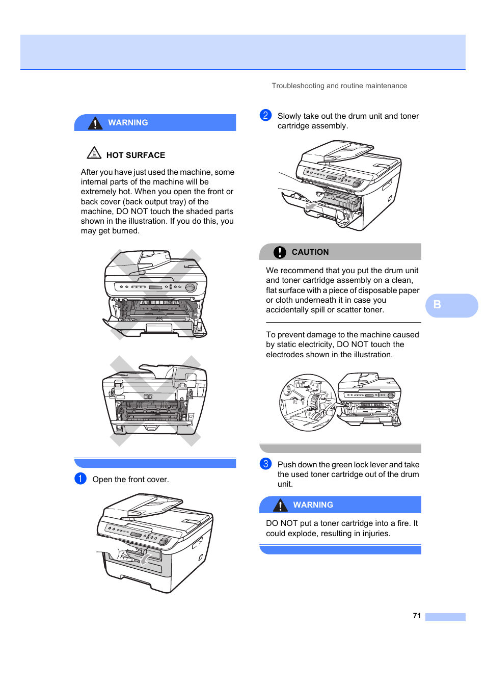 Warning, Open the front cover, Caution | Brother DCP-7040 User Manual | Page 83 / 108