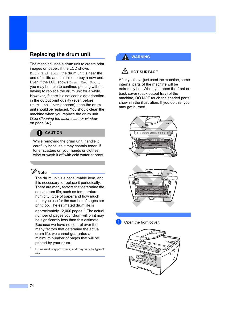 Replacing the drum unit, Warning, Open the front cover | Brother DCP-7040 User Manual | Page 86 / 108